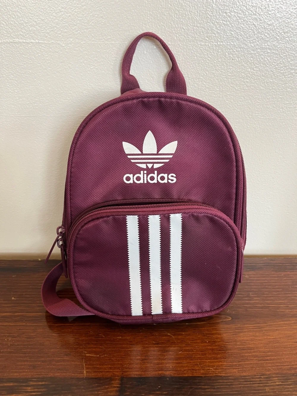 Adidas Maroon Mini Backpack with White Stripes - Picture 1 of 4